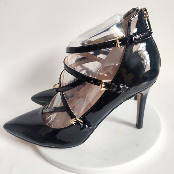 Marc Fisher Heels 7.5 M Black Strappy Patent Leather Sandals Danger Pointy Toe - Picture 4 of 10